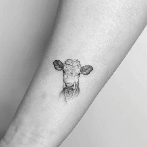 Small minimalist cow tattoo on bright white background