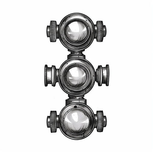 Nostalgic tattoo sketch: three dots, three vintage camera lens, monochromatic clipart style