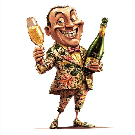 Humorous caricature of a champagne caricature with human characteristics, exaggerated big teeth, short legs, floral patterns, vibrant colors, cartoon style, pointing, high-resolution, no background, isolated