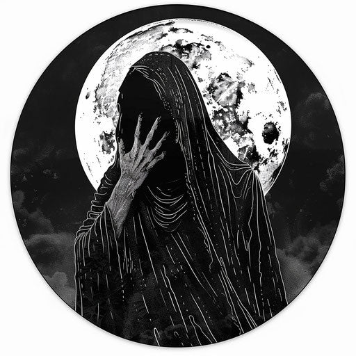 Grim shadow moon stitch black and white, occultist draftsman style, feminine sticker art, metal