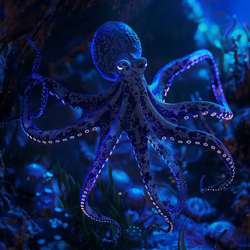 Glowing octopus in bioluminescent underwater scenery