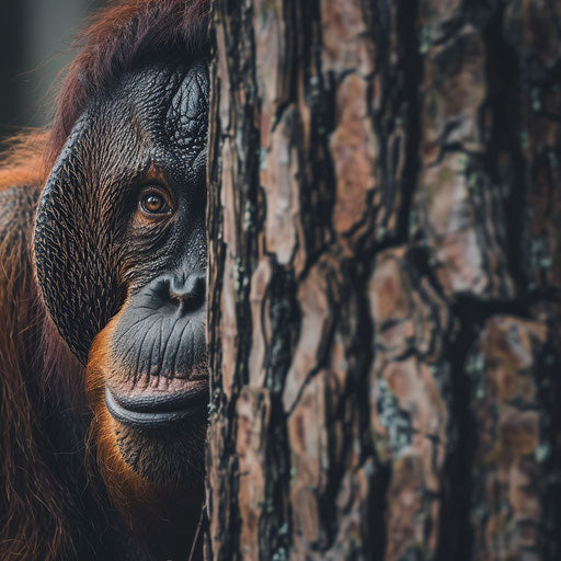 Orangutan peeping behind a tree trunk