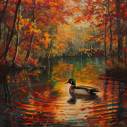 Wood duck floating on a lake surrounded by fiery foliage trees
