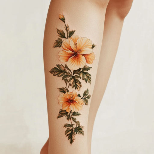 Hibiscus Flower Tattoo on Pure White Background in Merian Style on Calf
