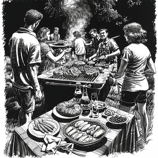 Neighborhood BBQ with grilling in black and white