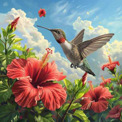 Hummingbird above bright hibiscus flowers