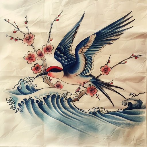 Traditional Japanese style swallow tattoo, with waves and flowers, on white rice paper background