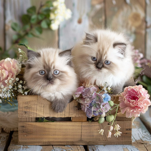 Pair of Himalayan kittens in a small wooden crate with flowers