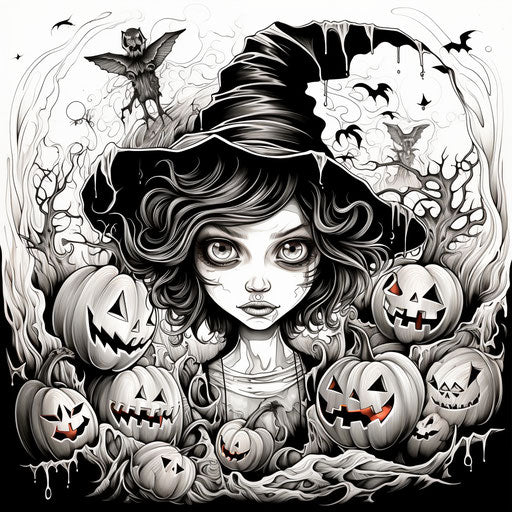 Halloween sketches and coloring pages in detailed pen and ink