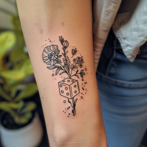 Dice tattoo with botanical details