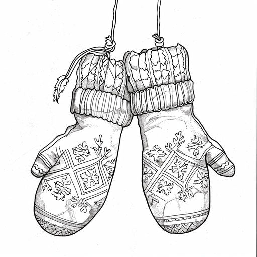 A pair of mittens hanging on a string. Coloring book page