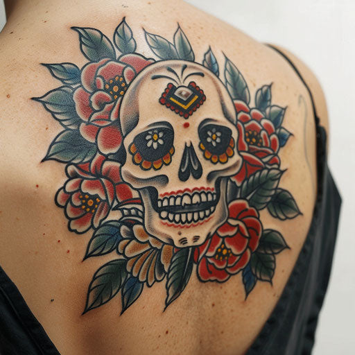 Traditional skull and roses tattoo symbolizing the duality of life and death, in the style of Ed Hardy