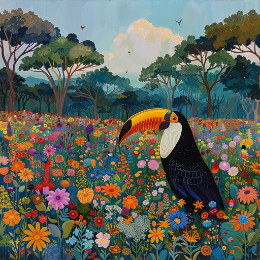 Enchanting scene of a toco toucan amidst a field of exotic, vibrant flowers, with towering trees in the distance.