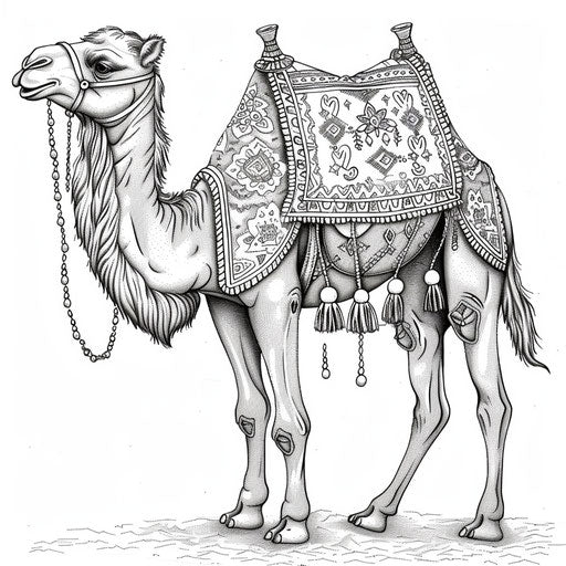 Cheerful camel with a decorated saddle
