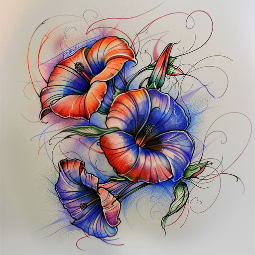 Sports-themed tattoo sketch of morning glory with athletic motifs and vibrant team colors