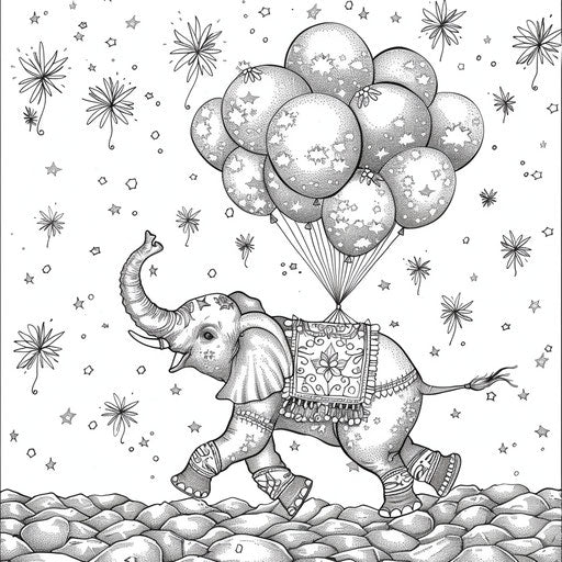 Elephant floating with balloons - Coloring book page