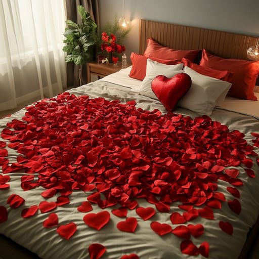 Glowing romance on a bed of red rose hearts