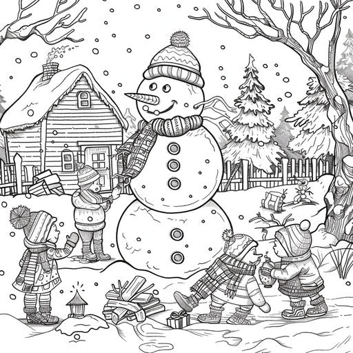 Cozy winter scene with snowman and children playing
