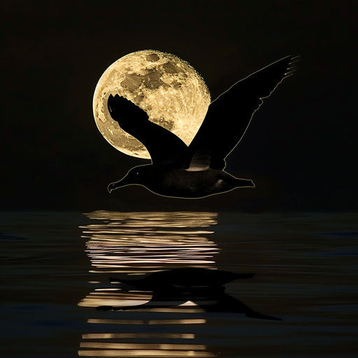 Silhouette of a black-footed albatross flying at eye level above the sea, with a full moon reflecting on the water’s surface.