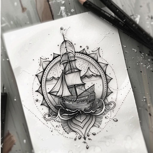 Intricate flat tattoo sketch with a boat entwined in an oceanic mandala design