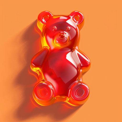 Realistic gummy candy on flat sunset orange background
