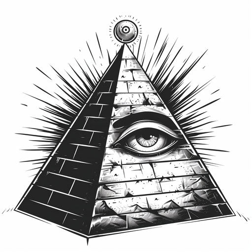 Mystical sketch of a pyramid with an eye at the top, in monochrome