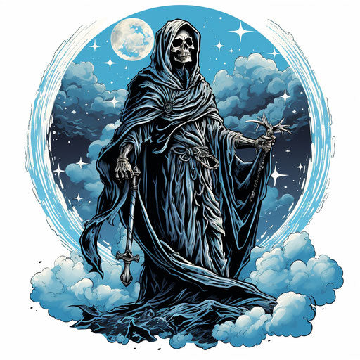 Grim reaper tattoo design, blue sky, gamercore style