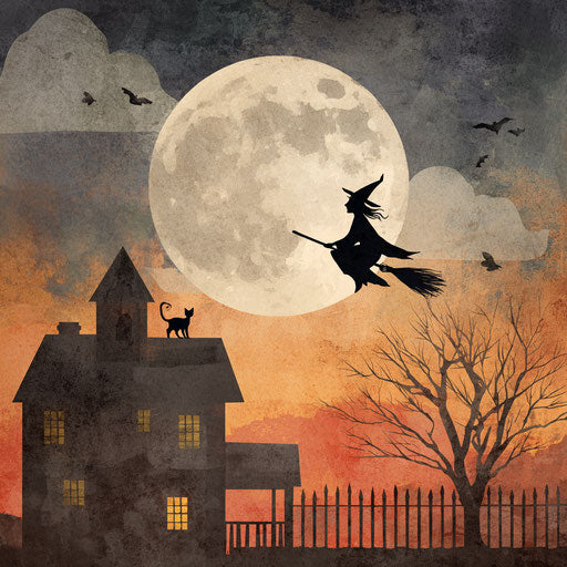 Spooky Halloween Scene with Witch and Black Cat