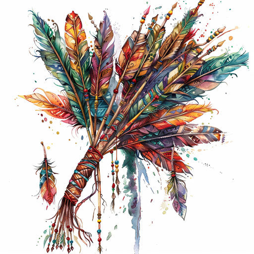 Detailed quiver and arrows adorned with feathers and beads, hunting tattoo