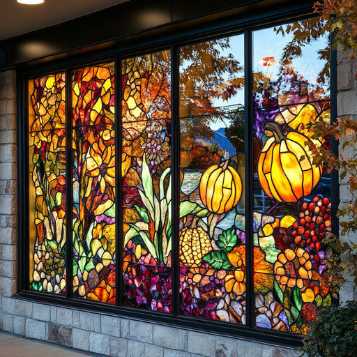 Storefront with stained glass designs of vibrant harvest scenes