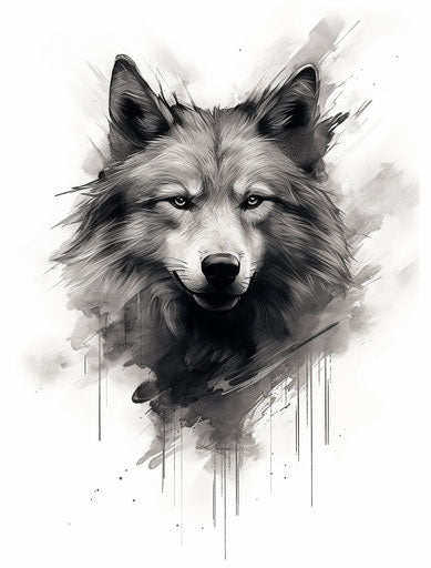 Black and white wolf head drawing, free brushwork style