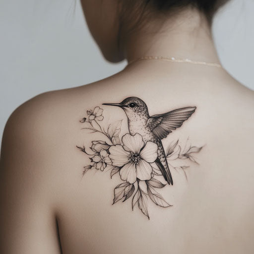 Beautiful clipart style tattoo sketch on back shoulder with hummingbird