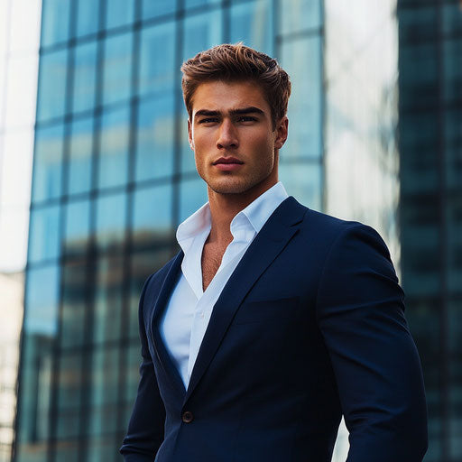 Male model in navy suit in front of modern skyscraper