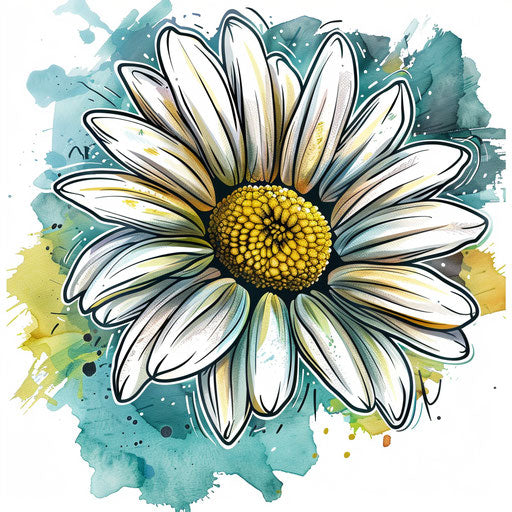 Flat tattoo sketch of daisy with vibrant yellow and white colors
