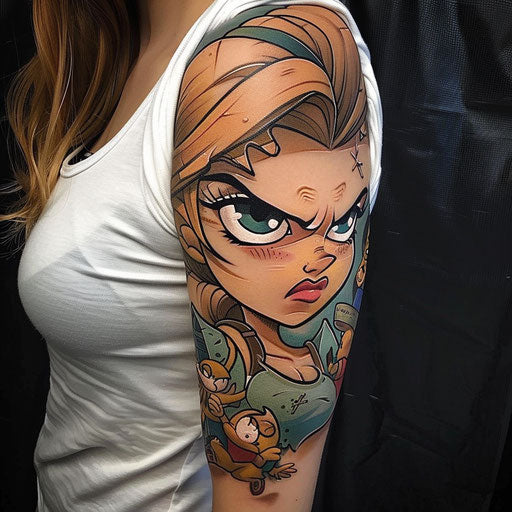 Humorous sleeve tattoos with cartoon characters in unexpected situations