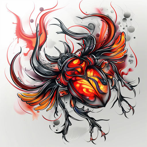 Dynamic tattoo sketch of a fire-themed beetle