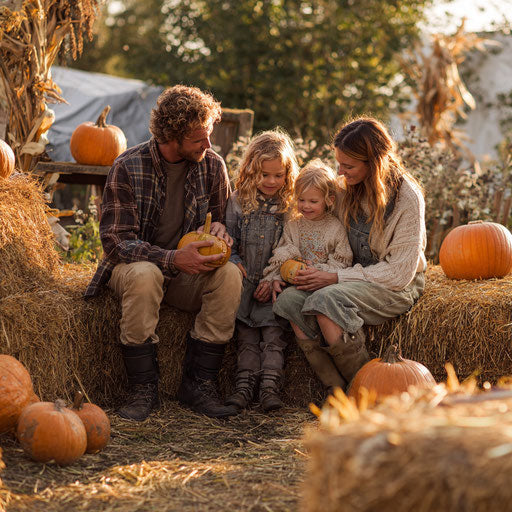 Family joyfully interacting with pumpkins outdoors