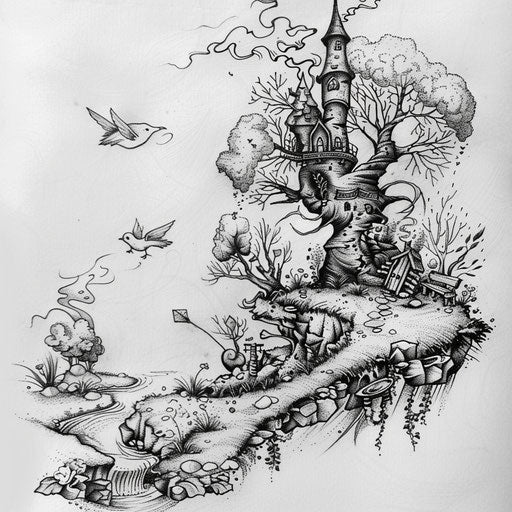 Whimsical flat tattoo sketch of a riverside with magical creatures and whimsical trees