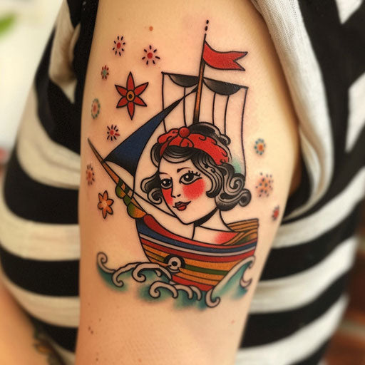 Red tattoos with sailor motifs, in the style of Sailor Jerry