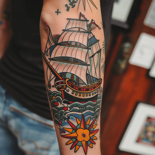 Arm tattoo with classic nautical themes