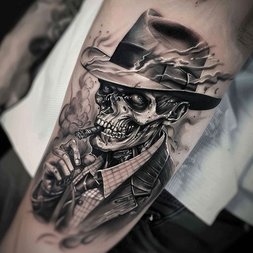 Horror-themed gangster tattoo with a zombie mobster design, inked in chilling detail on white