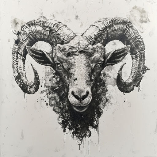 Goat head with many horns in black and white