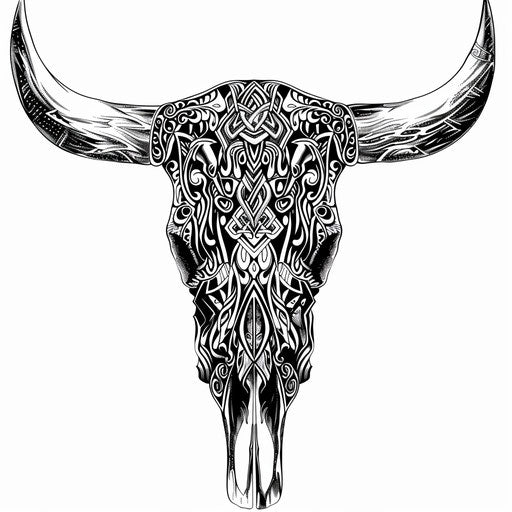 Intricate bull skull tattoo with tribal patterns on white