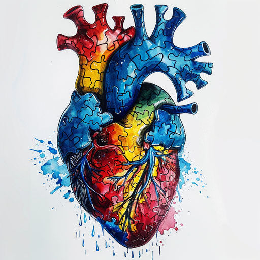 Anatomical heart tattoo design with intertwined autism puzzle pieces and vivid colors on white background