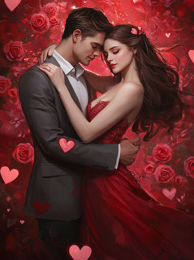 Romantic embrace amidst pink heart-shaped roses