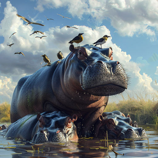 Cluster of hippos with birds on their backs, symbiosis in nature