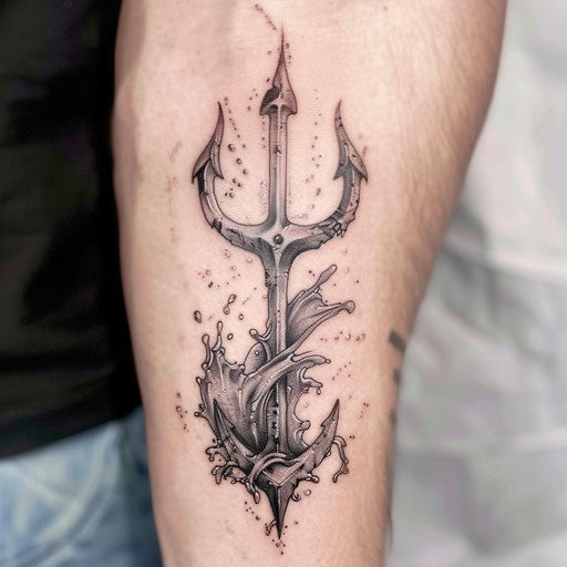 Realistic trident tattoo with water effects on white