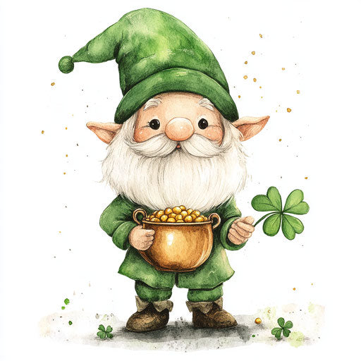St. Patrick's Day illustration with a cute gnome holding a pot of gold, wearing a green hat and a clover leaf in hand, on a white background without shadows on the ground.