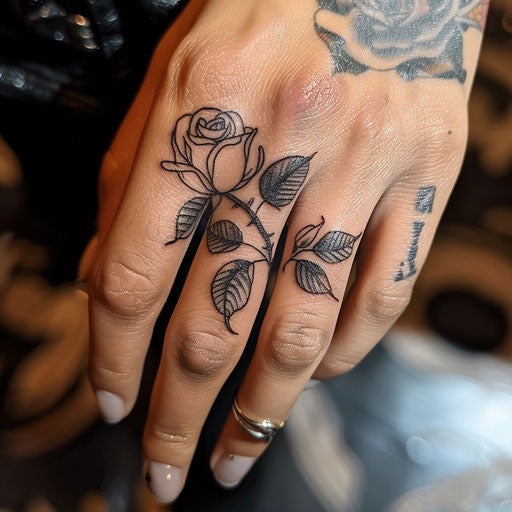 Tattoo of a classic rose, in the style of Ed Hardy, on the finger