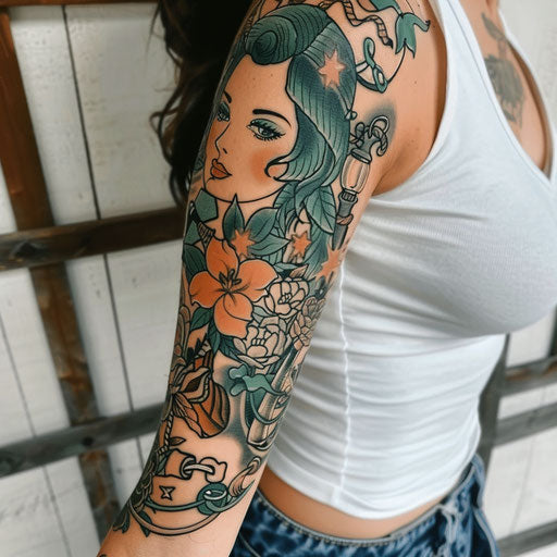 Arm tattoo with classic pin-up girls and anchors
